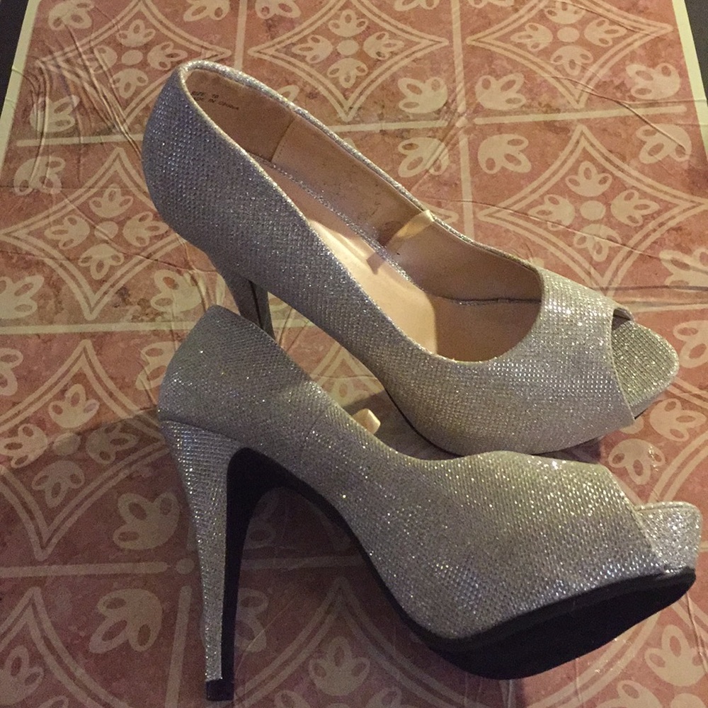 Silver peep toe stilettos